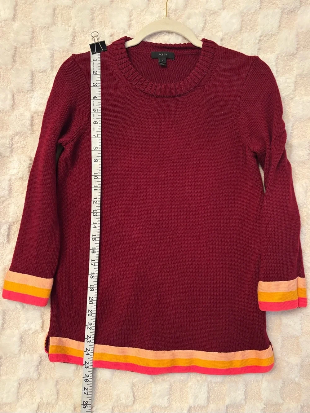 J. Crew Burgundy Crewneck Sweater with Multi-Stripe Trim